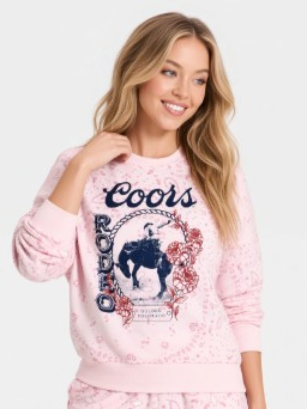 NEW Women's Crewneck Coors Paisley Fleece Graphic Pullover Light Pink Large Swea
